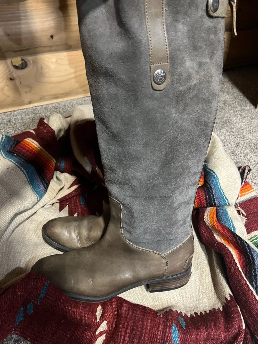 Sam Edelman Pembrooke Gray and Brown Two-Tone Suede & Leather Riding Boots